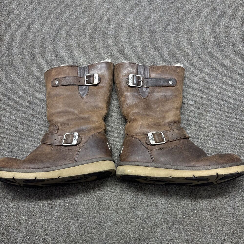 UGG 5678 Kensington Sz 8 Brown Leather Shearling Lined Buckle Moto Boots Women